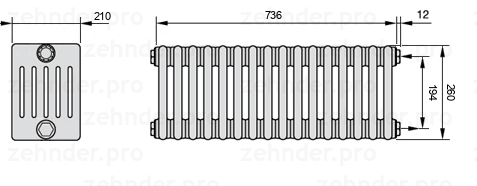 Схема (чертеж) Радиатор Zehnder Charleston 6026/16 №7610 Белый глянцевый RAL 9016